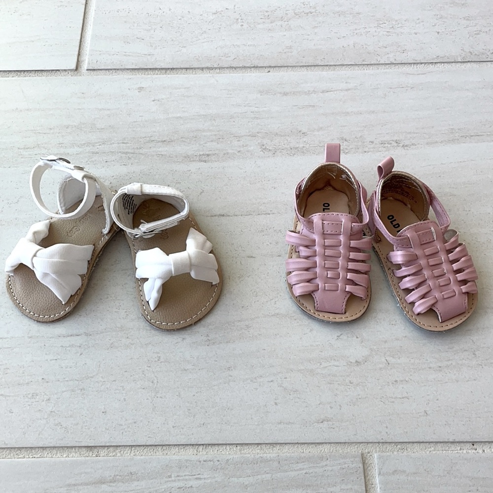 Baby gap white bow ankle strap and old navy pink leather like sandals